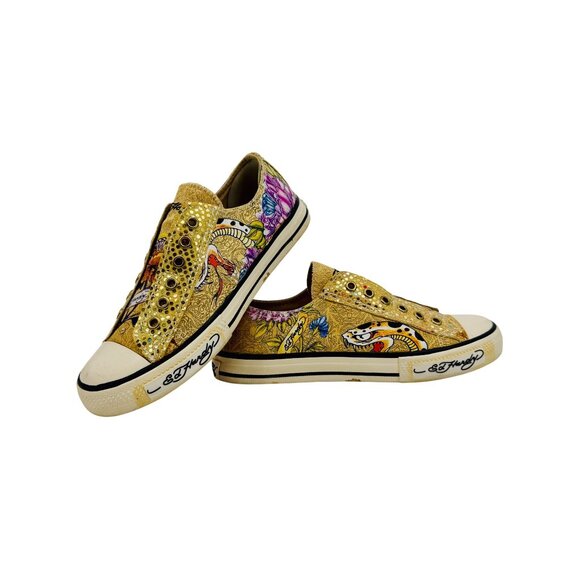Vtg Y2K Ed Hardy Yellow Canvas Sneakers| McBling Grunge Sleaze Baddie Streetwear - Picture 15 of 16
